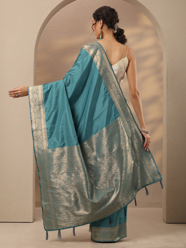 Blue Solid Silk Blend Saree With Unstitched Blouse Piece