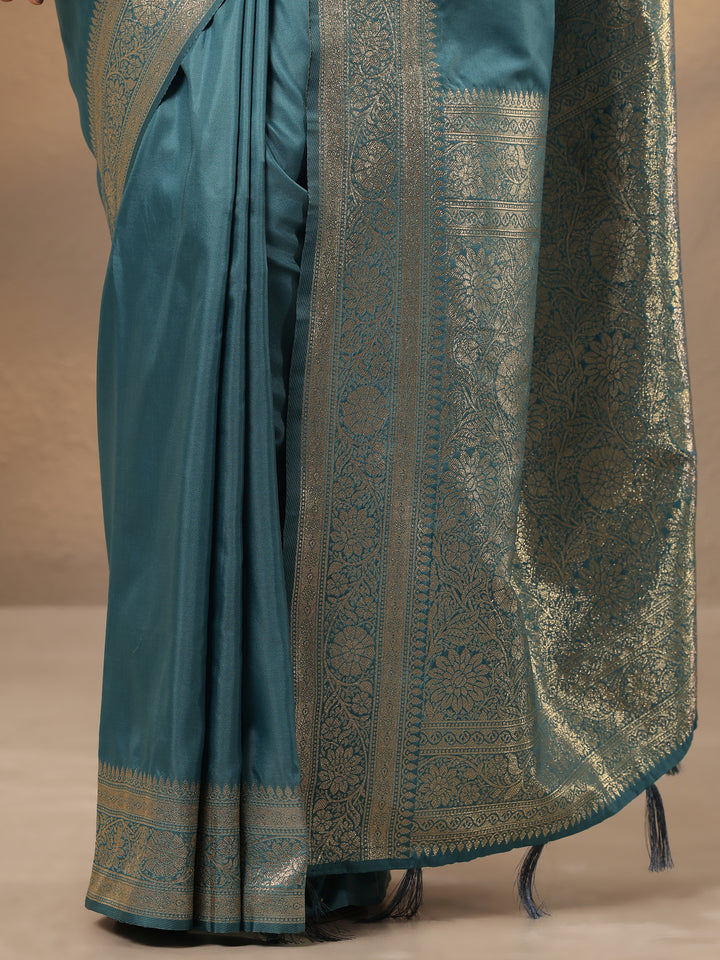 Blue Solid Silk Blend Saree With Unstitched Blouse Piece