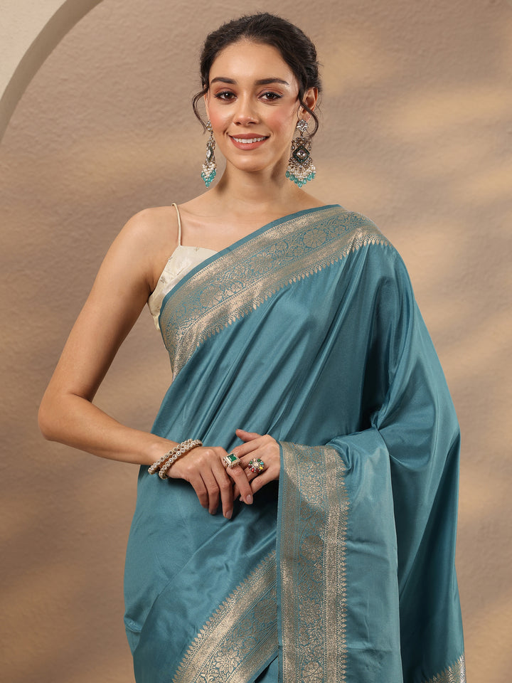 Blue Solid Silk Blend Saree With Unstitched Blouse Piece