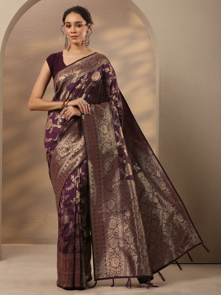 Burgundy Woven Design Silk Blend Saree With Unstitched Blouse Piece