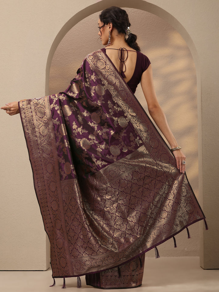 Burgundy Woven Design Silk Blend Saree With Unstitched Blouse Piece