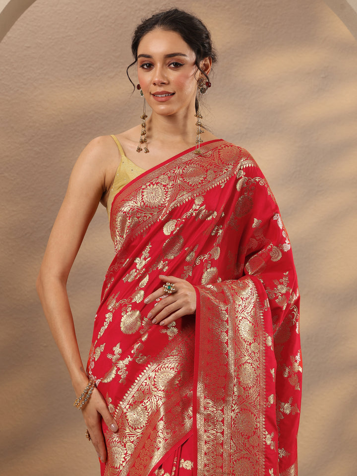 Red Woven Design Silk Blend Saree With Unstitched Blouse Piece