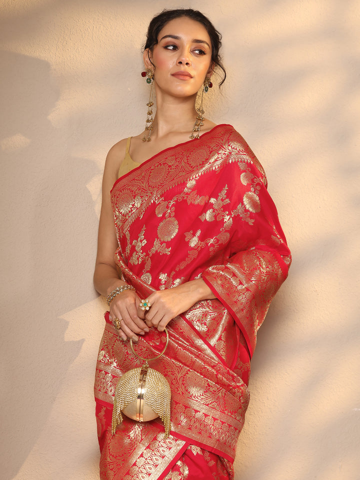Red Woven Design Silk Blend Saree With Unstitched Blouse Piece
