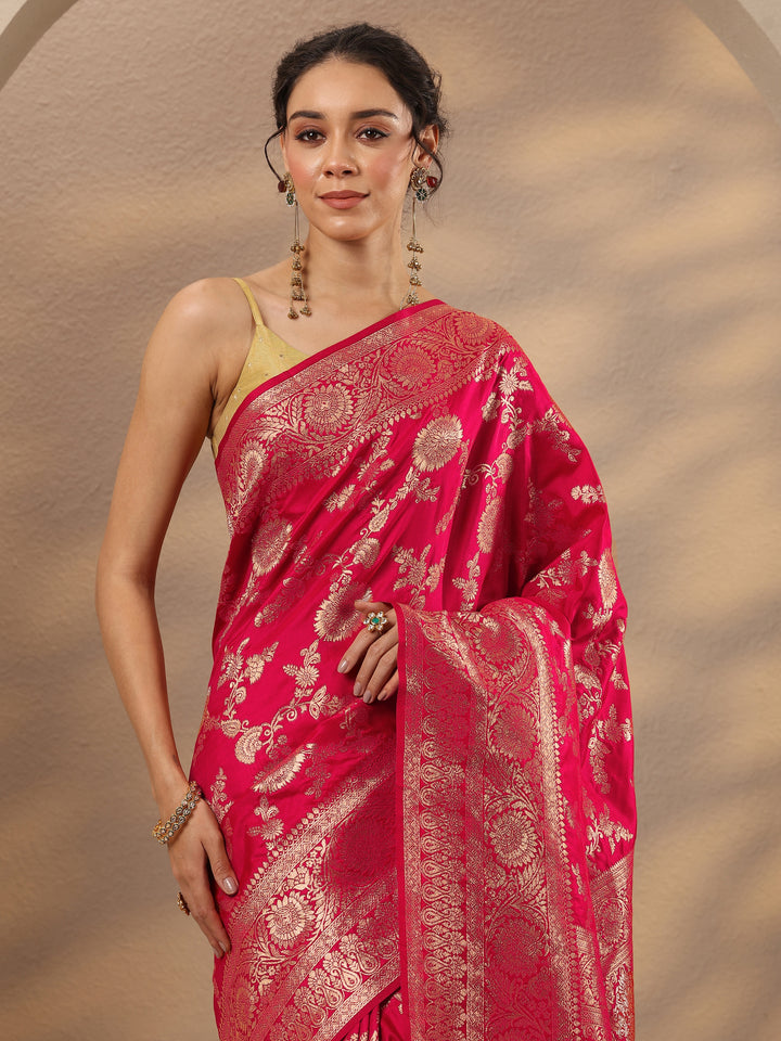 Pink Woven Design Silk Blend Saree With Unstitched Blouse Piece