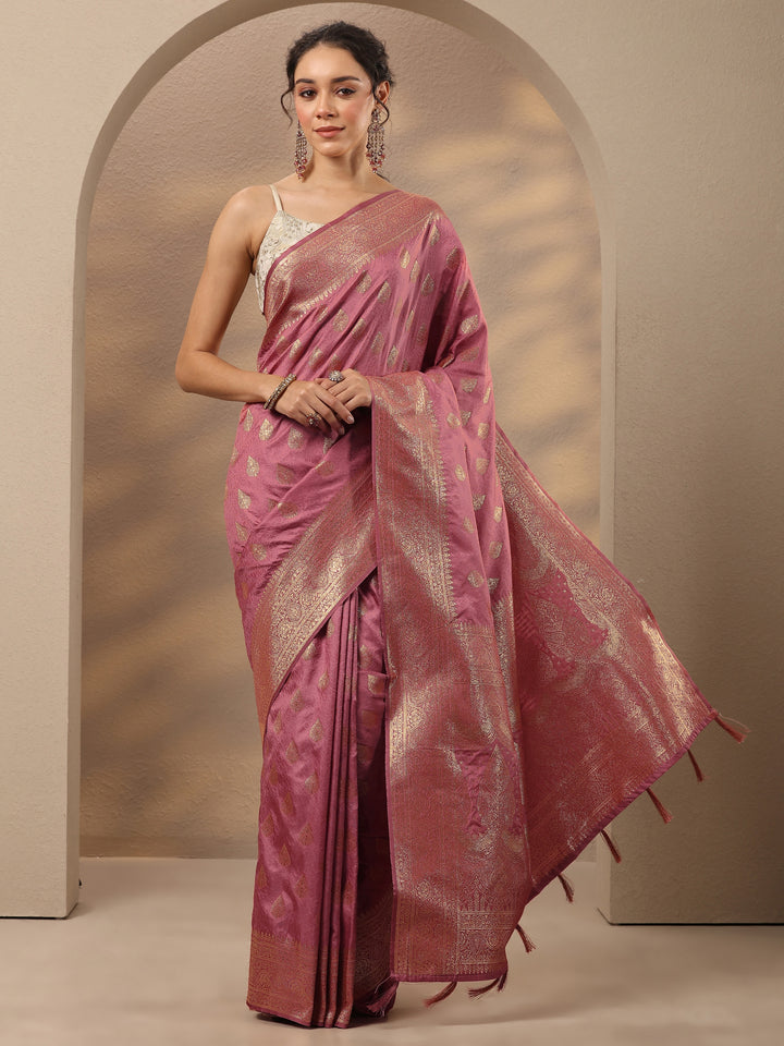 Peach Woven Design Silk Blend Saree With Unstitched Blouse Piece