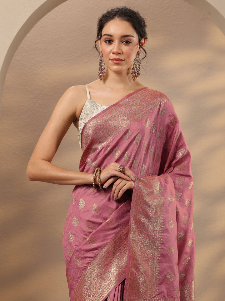 Peach Woven Design Silk Blend Saree With Unstitched Blouse Piece