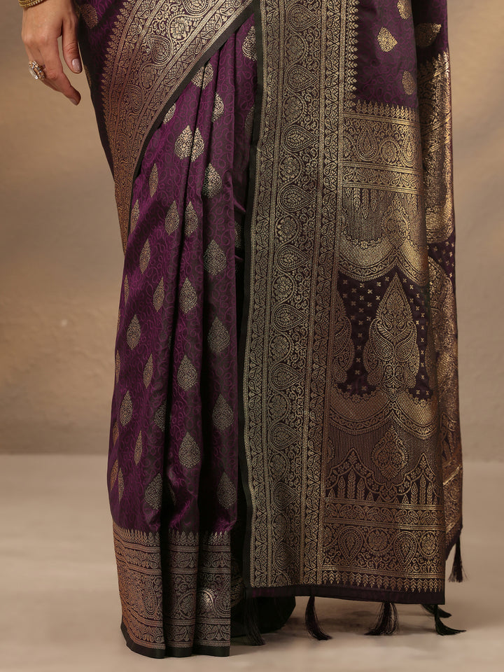 Burgundy Woven Design Silk Blend Saree With Unstitched Blouse Piece