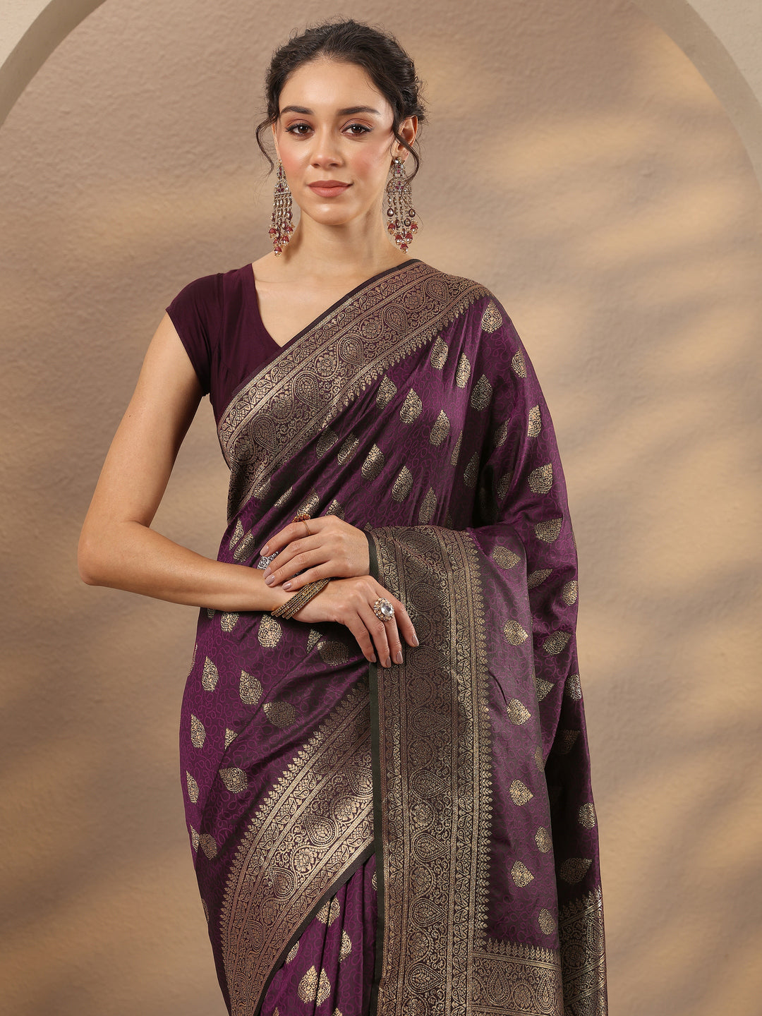 Burgundy Woven Design Silk Blend Saree With Unstitched Blouse Piece
