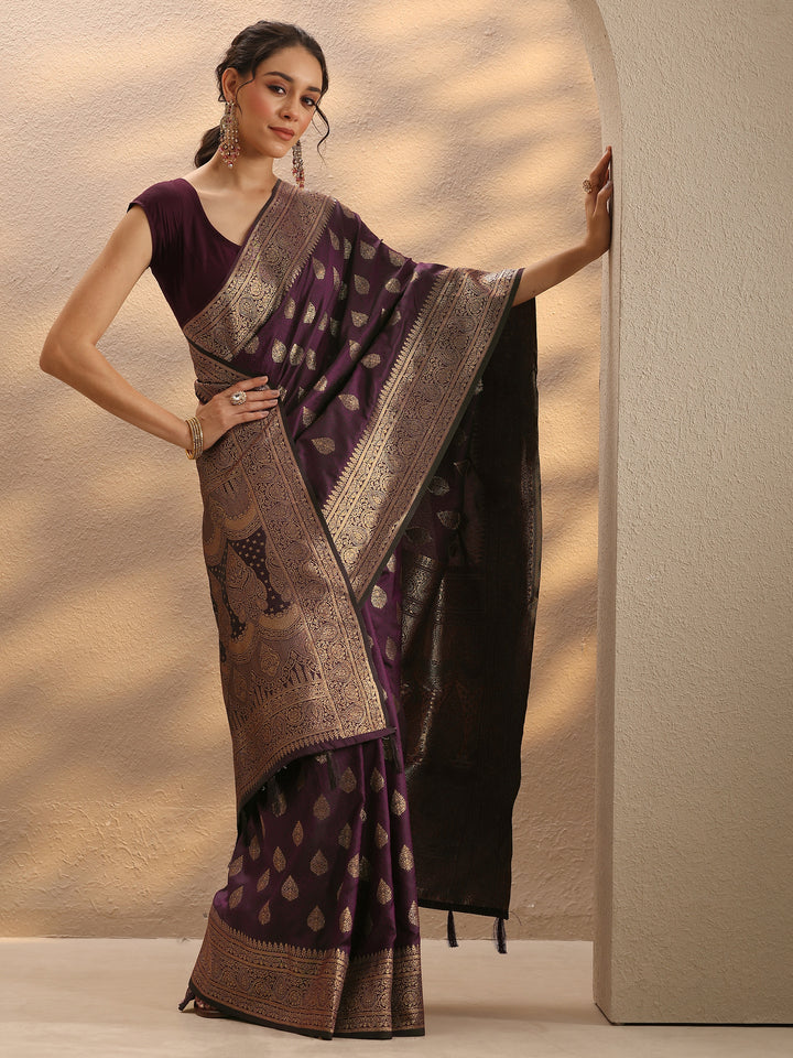 Burgundy Woven Design Silk Blend Saree With Unstitched Blouse Piece