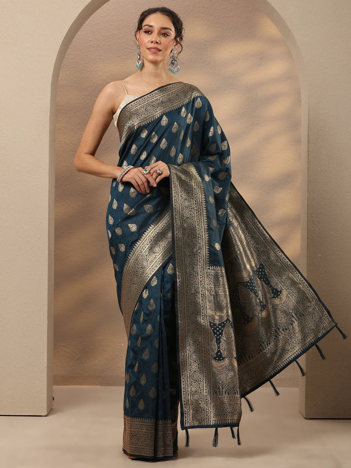 Navy Blue Woven Design Silk Blend Saree With Unstitched Blouse Piece