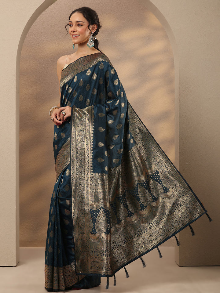 Navy Blue Woven Design Silk Blend Saree With Unstitched Blouse Piece