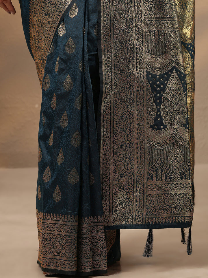Navy Blue Woven Design Silk Blend Saree With Unstitched Blouse Piece