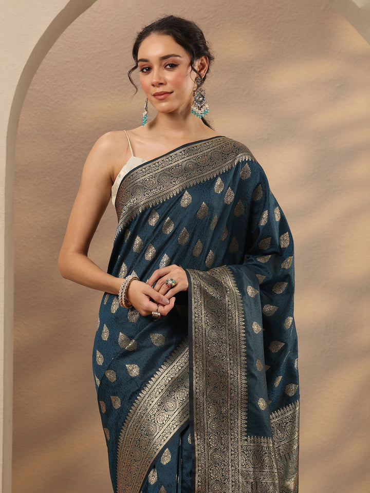 Navy Blue Woven Design Silk Blend Saree With Unstitched Blouse Piece