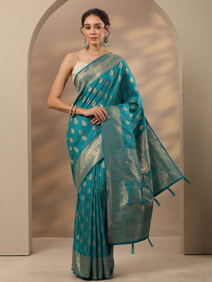 Blue Woven Design Silk Blend Saree With Unstitched Blouse Piece