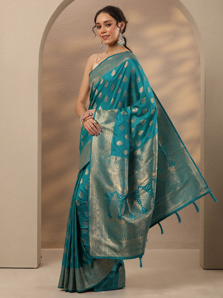 Blue Woven Design Silk Blend Saree With Unstitched Blouse Piece