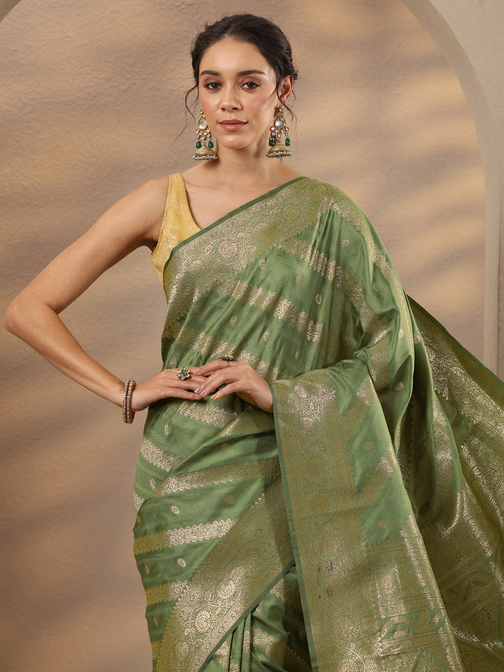 Green Woven Design Silk Blend Saree With Unstitched Blouse Piece