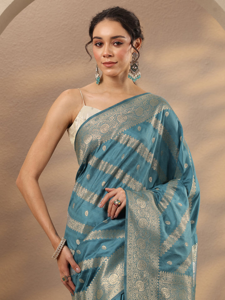 Blue Woven Design Silk Blend Saree With Unstitched Blouse Piece