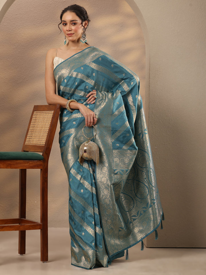 Blue Woven Design Silk Blend Saree With Unstitched Blouse Piece