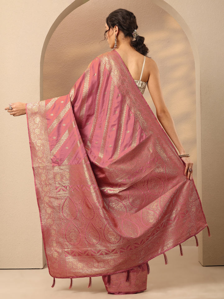 Peach Woven Design Silk Blend Saree With Unstitched Blouse Piece