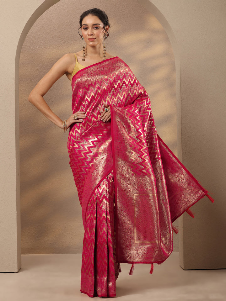 Pink Chevron Woven Design Silk Blend Saree With Unstitched Blouse Piece