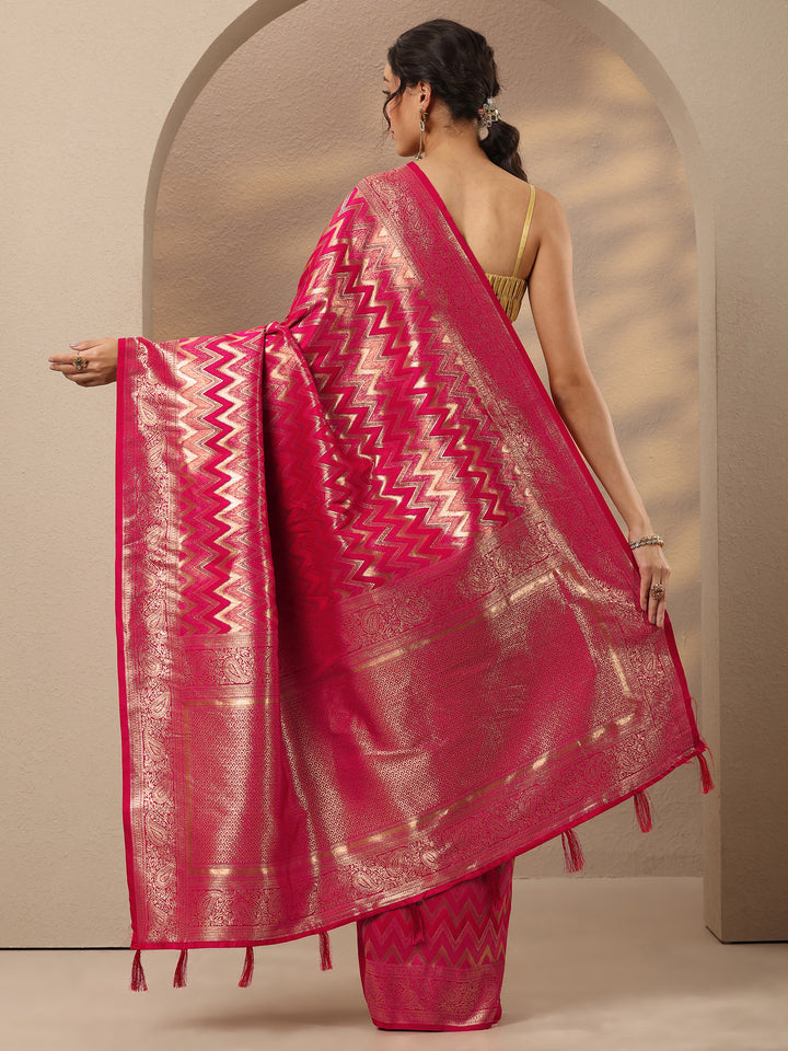Pink Chevron Woven Design Silk Blend Saree With Unstitched Blouse Piece