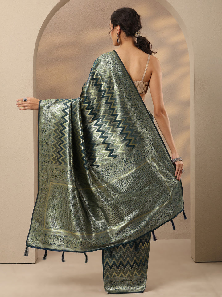 Blue Chevron Woven Design Silk Blend Saree With Unstitched Blouse Piece