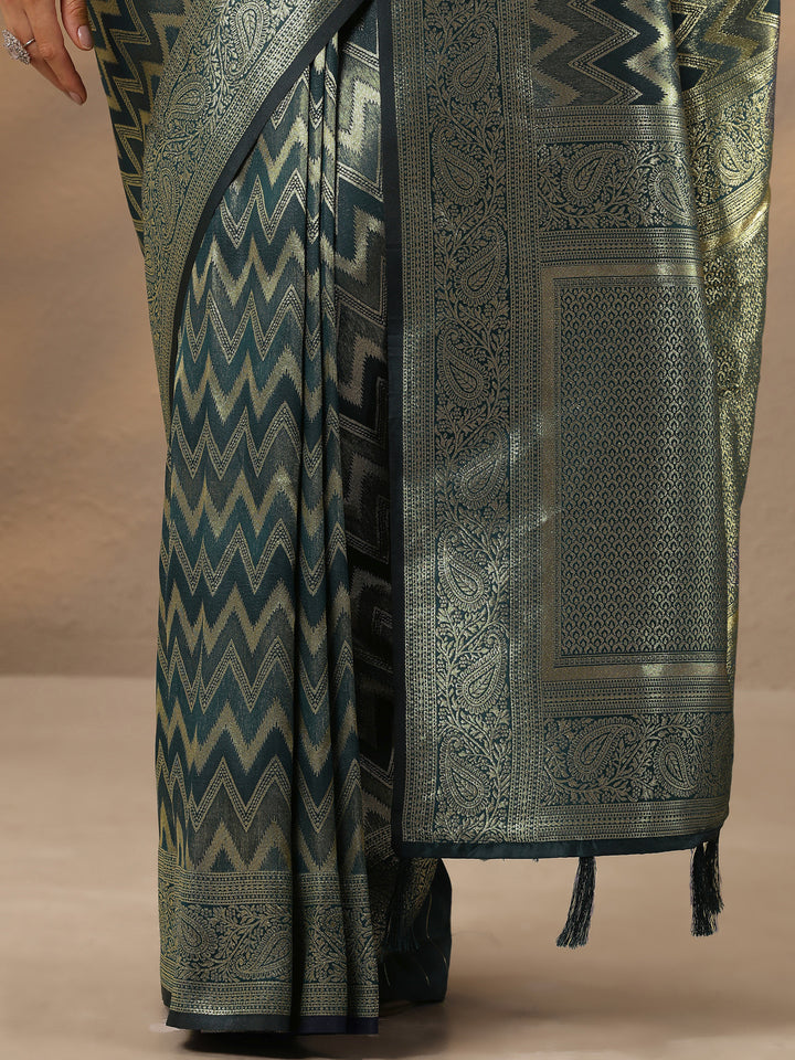 Blue Chevron Woven Design Silk Blend Saree With Unstitched Blouse Piece