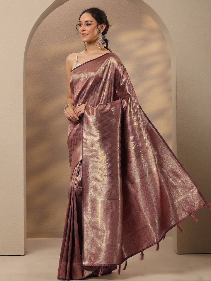 Purple Chevron Woven Design Silk Blend Saree With Unstitched Blouse Piece
