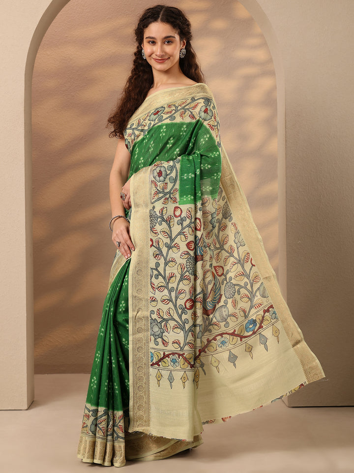 Green Printed Silk Blend Saree With Unstitched Blouse Piece