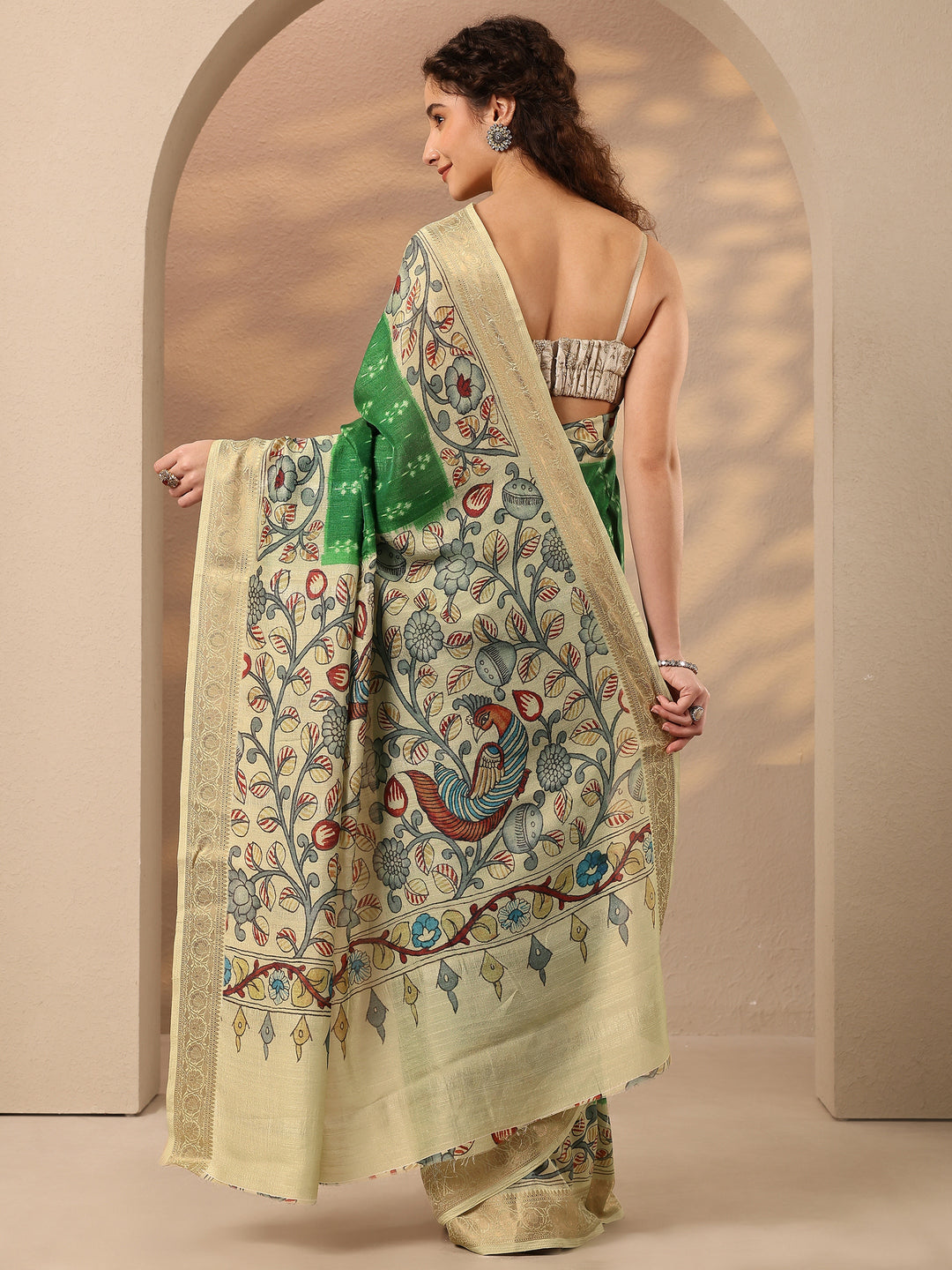 Green Printed Silk Blend Saree With Unstitched Blouse Piece