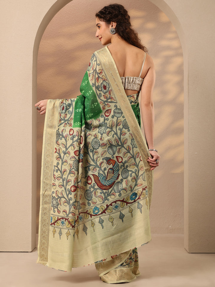 Green Printed Silk Blend Saree With Unstitched Blouse Piece