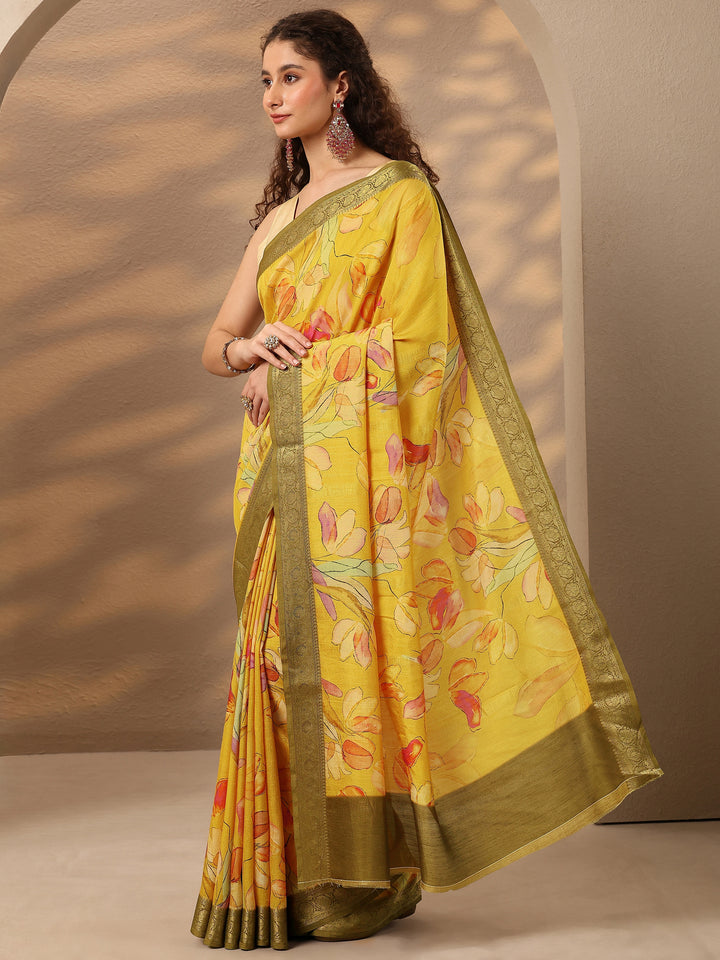 Yellow Printed Silk Blend Saree With Unstitched Blouse Piece