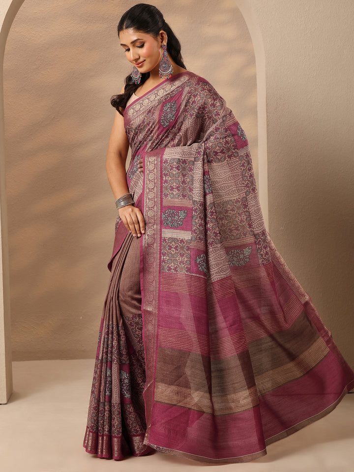 Pink Printed Silk Blend Saree With Unstitched Blouse Piece