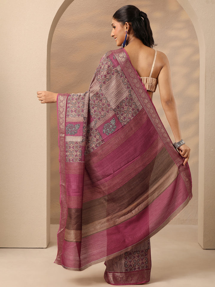 Pink Printed Silk Blend Saree With Unstitched Blouse Piece