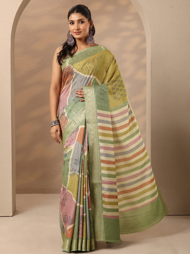 Green Printed Silk Blend Saree With Unstitched Blouse Piece
