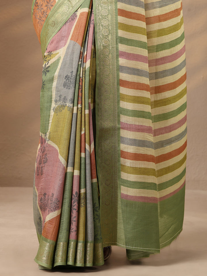 Green Printed Silk Blend Saree With Unstitched Blouse Piece