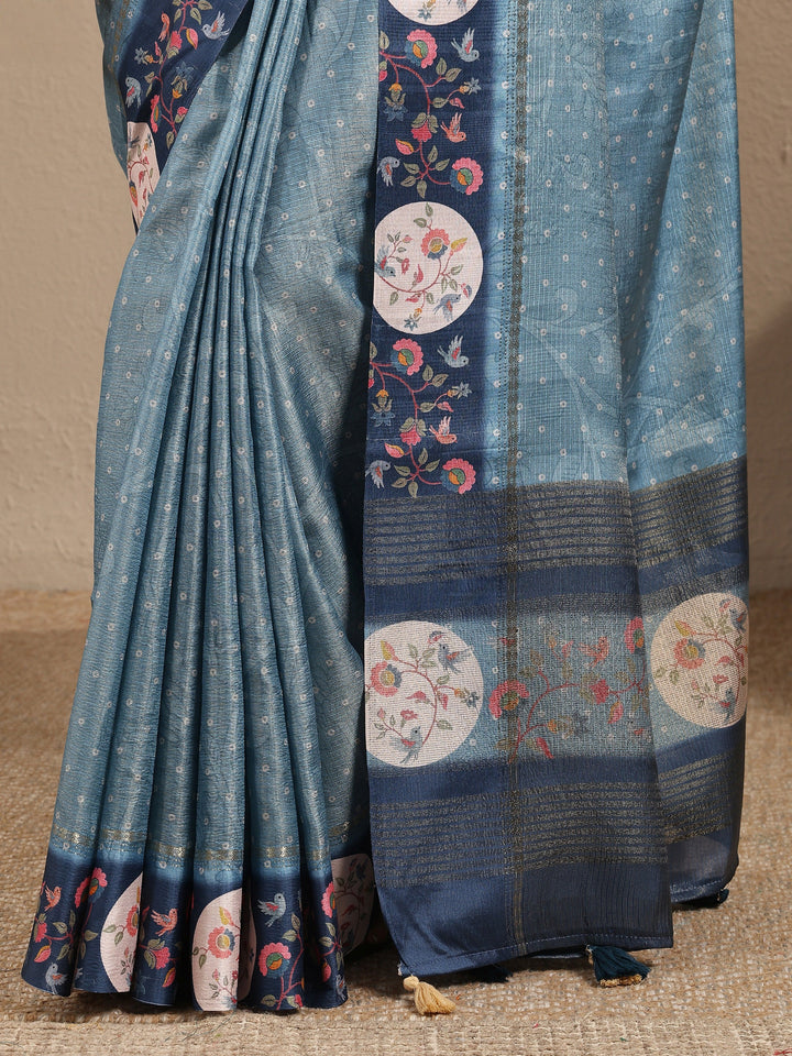 Blue Bandhani Printed Silk Blend Saree With Unstitched Blouse Piece
