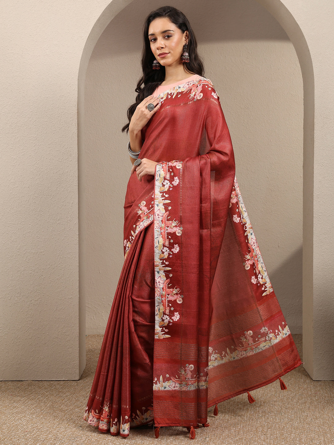 Brown Printed Silk Blend Saree With Unstitched Blouse Piece