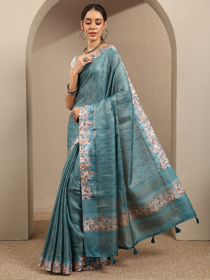Green Printed Silk Blend Saree With Unstitched Blouse Piece