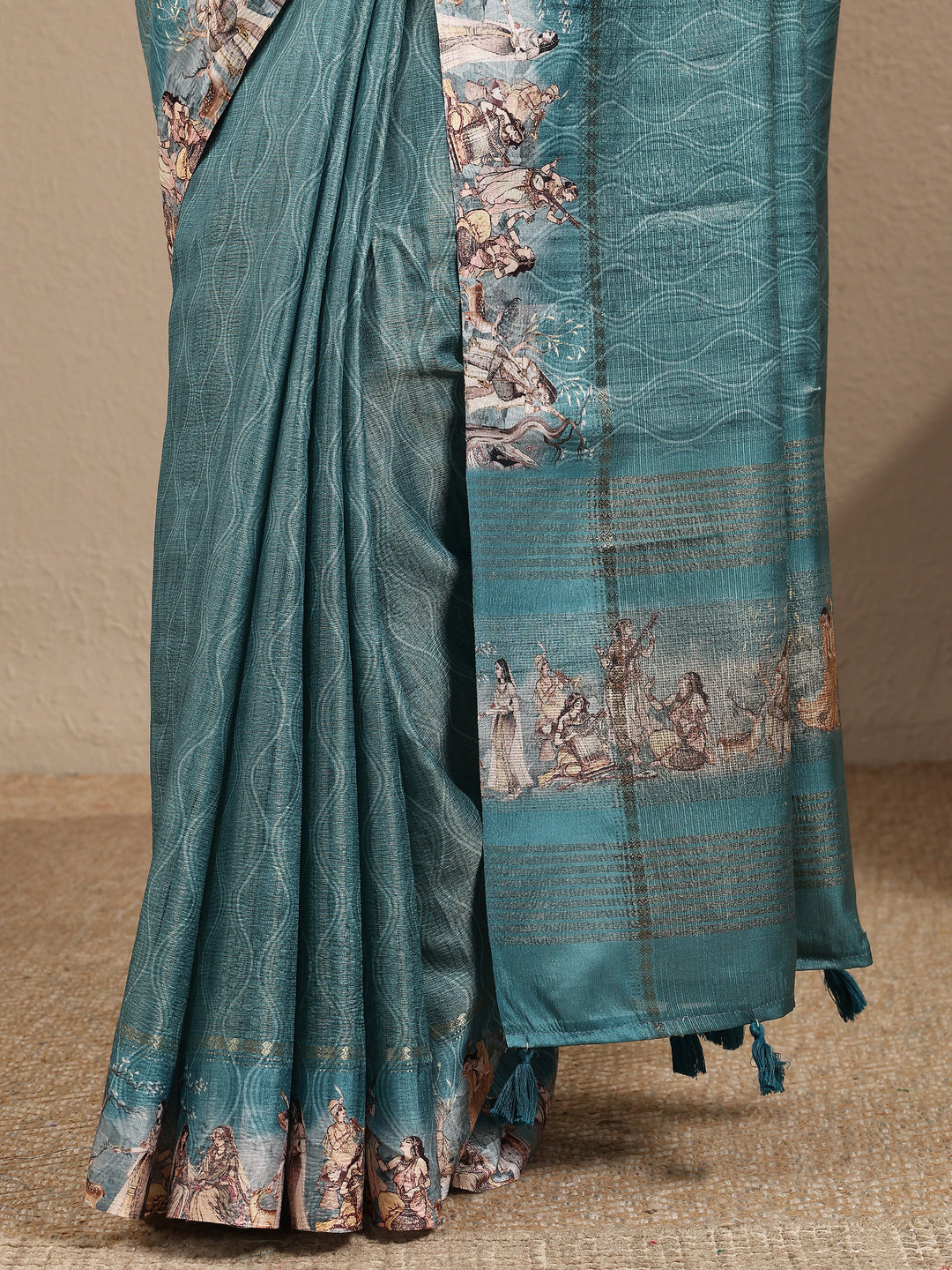 Green Printed Silk Blend Saree With Unstitched Blouse Piece