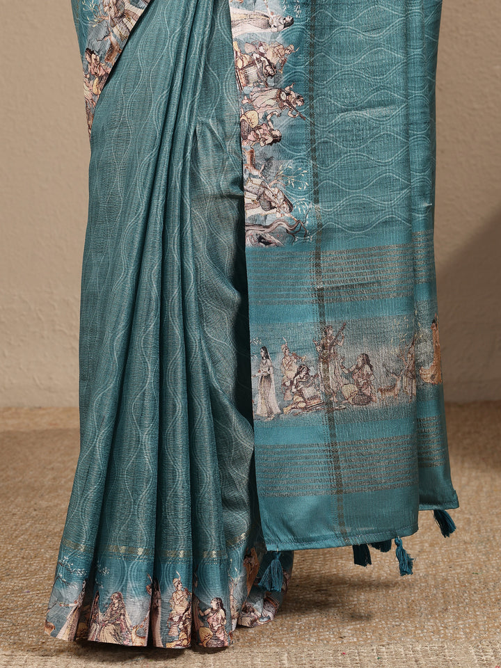 Green Printed Silk Blend Saree With Unstitched Blouse Piece