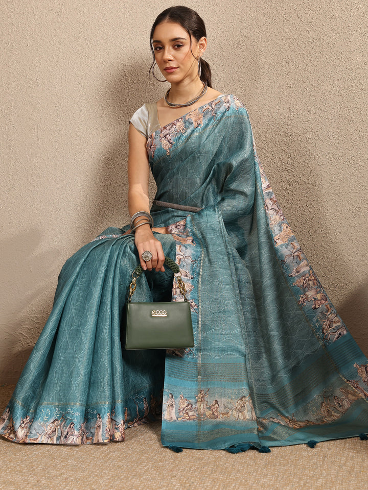 Green Printed Silk Blend Saree With Unstitched Blouse Piece