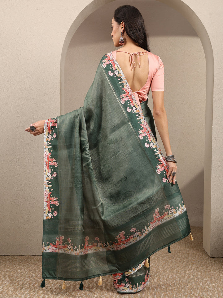 Green Solid Silk Blend Saree With Unstitched Blouse Piece