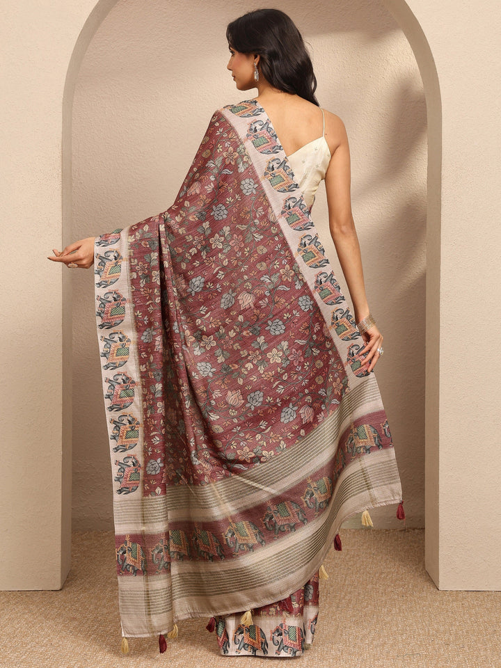 Brown Printed Silk Blend Saree With Unstitched Blouse Piece