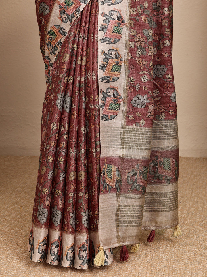Brown Printed Silk Blend Saree With Unstitched Blouse Piece
