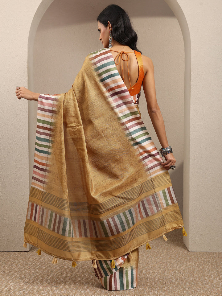Yellow Printed Silk Blend Saree With Unstitched Blouse Piece