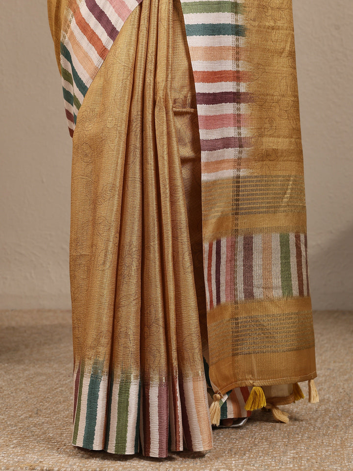 Yellow Printed Silk Blend Saree With Unstitched Blouse Piece