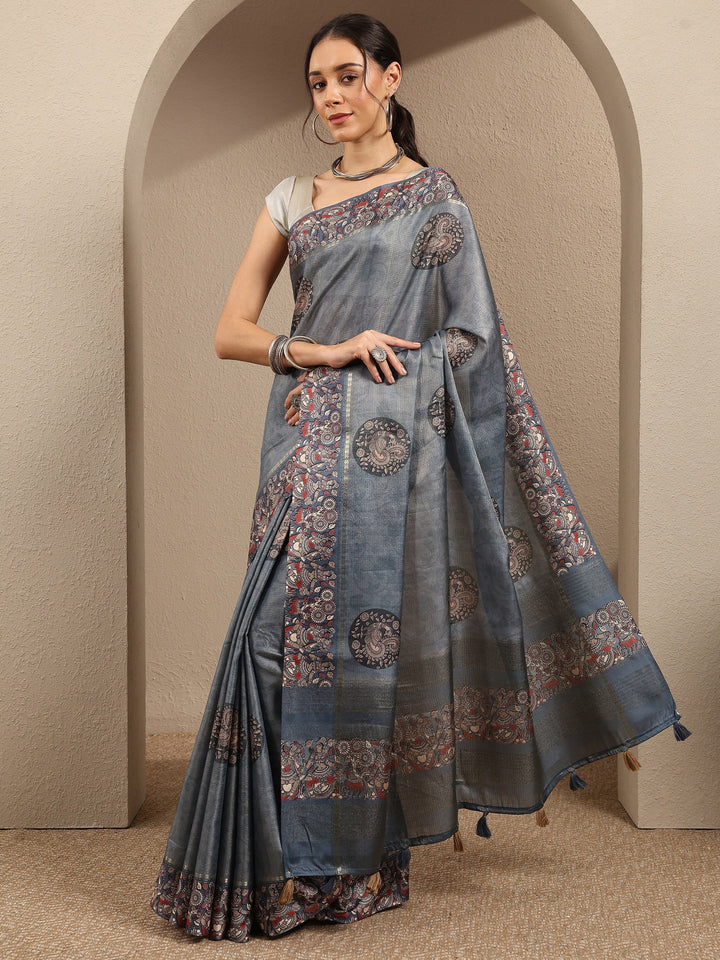 Grey Printed Silk Blend Saree With Unstitched Blouse Piece