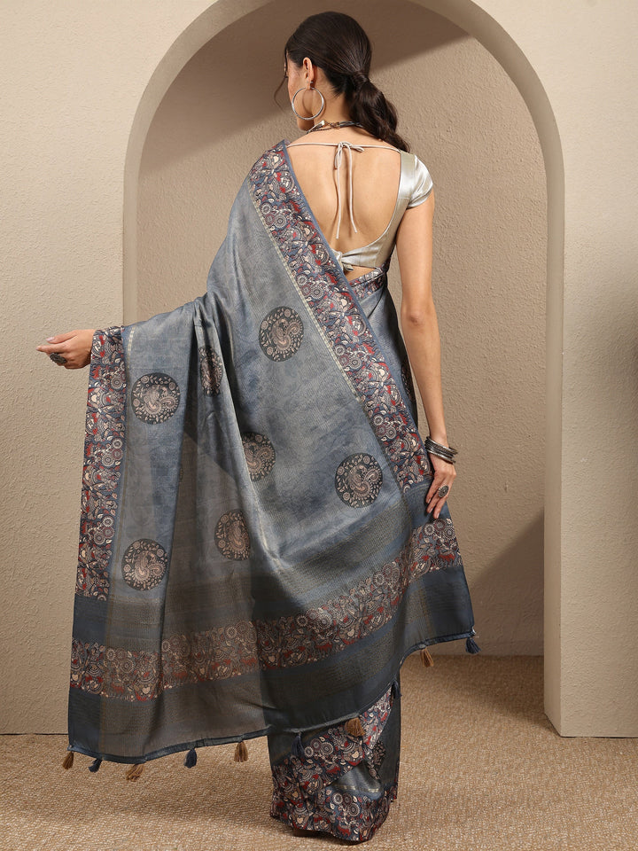 Grey Printed Silk Blend Saree With Unstitched Blouse Piece