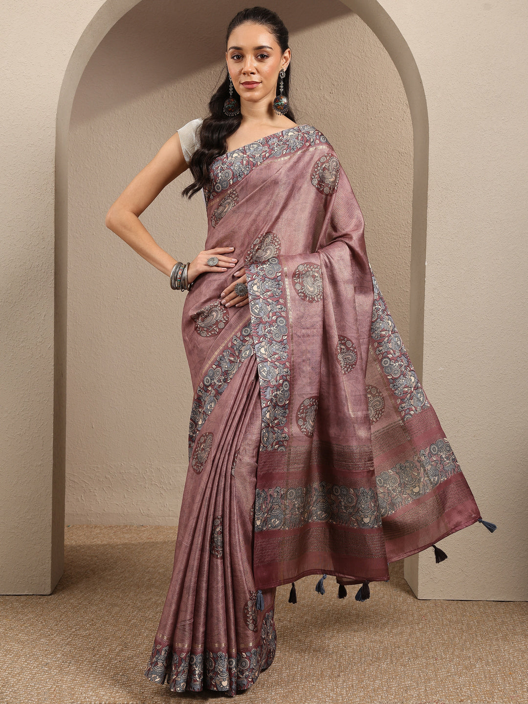 Mauve Printed Silk Blend Saree With Unstitched Blouse Piece